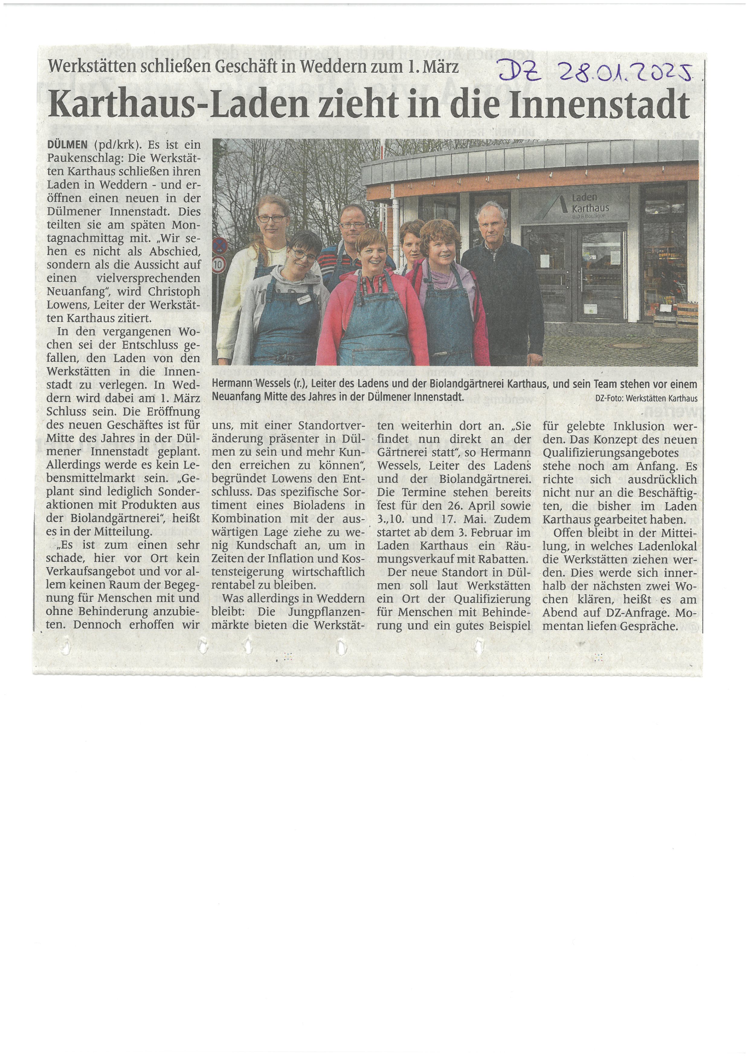 Zeitungsbericht Laden Karthaus zieht um